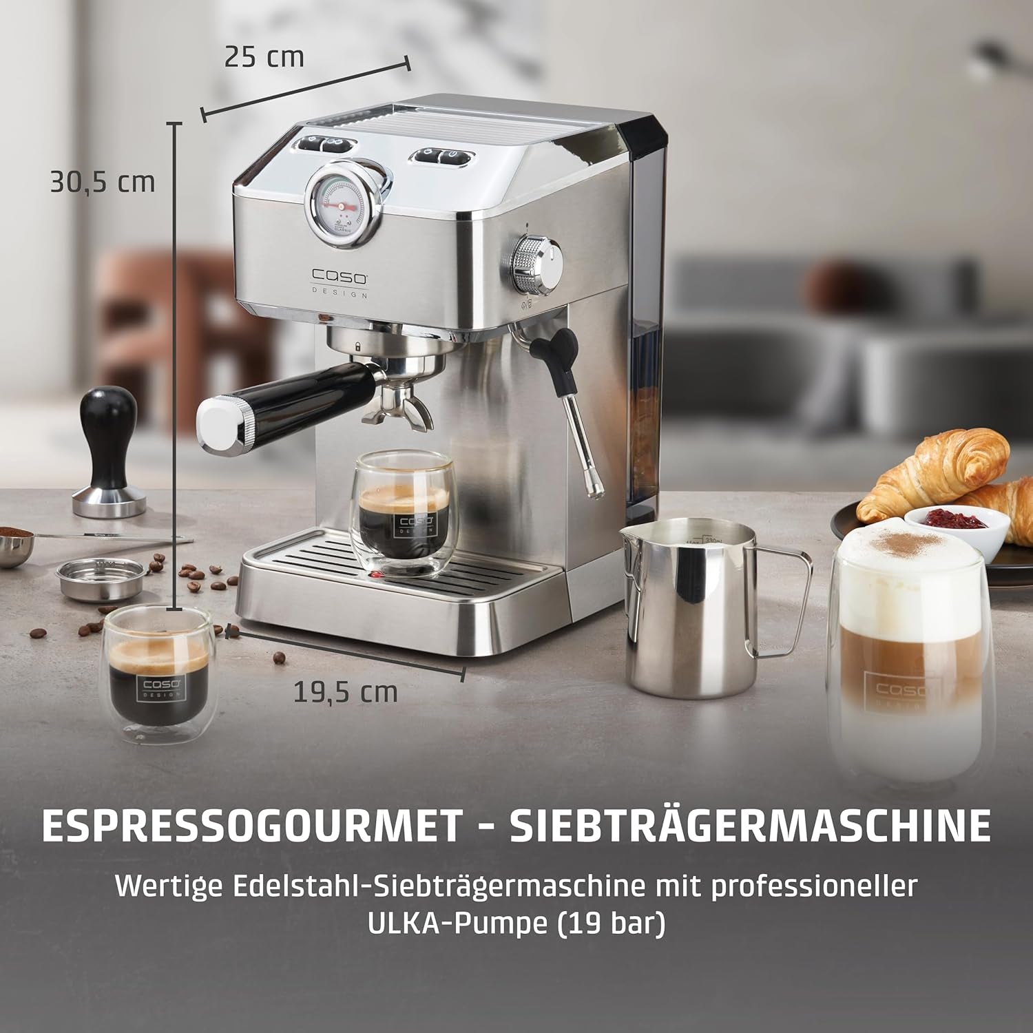 Caso Espresso Gourmet – Nerezový Portafilter Espresso kávovar, výkonná 19barová pumpa Ulka, s napěňovačem mléka, pro mletou kávu nebo kapsle ESE, na 2 šálky, s ohřívačem šálků