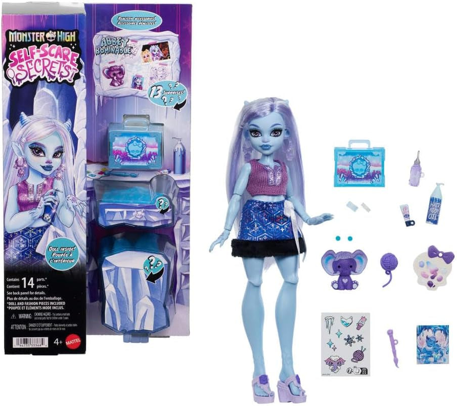Monster High Self-Scare Secrets Abbey Bominable panenka a sada doplňků s 13 realistickými překvapeními, jako je henna, kresby a háčkování JHK44