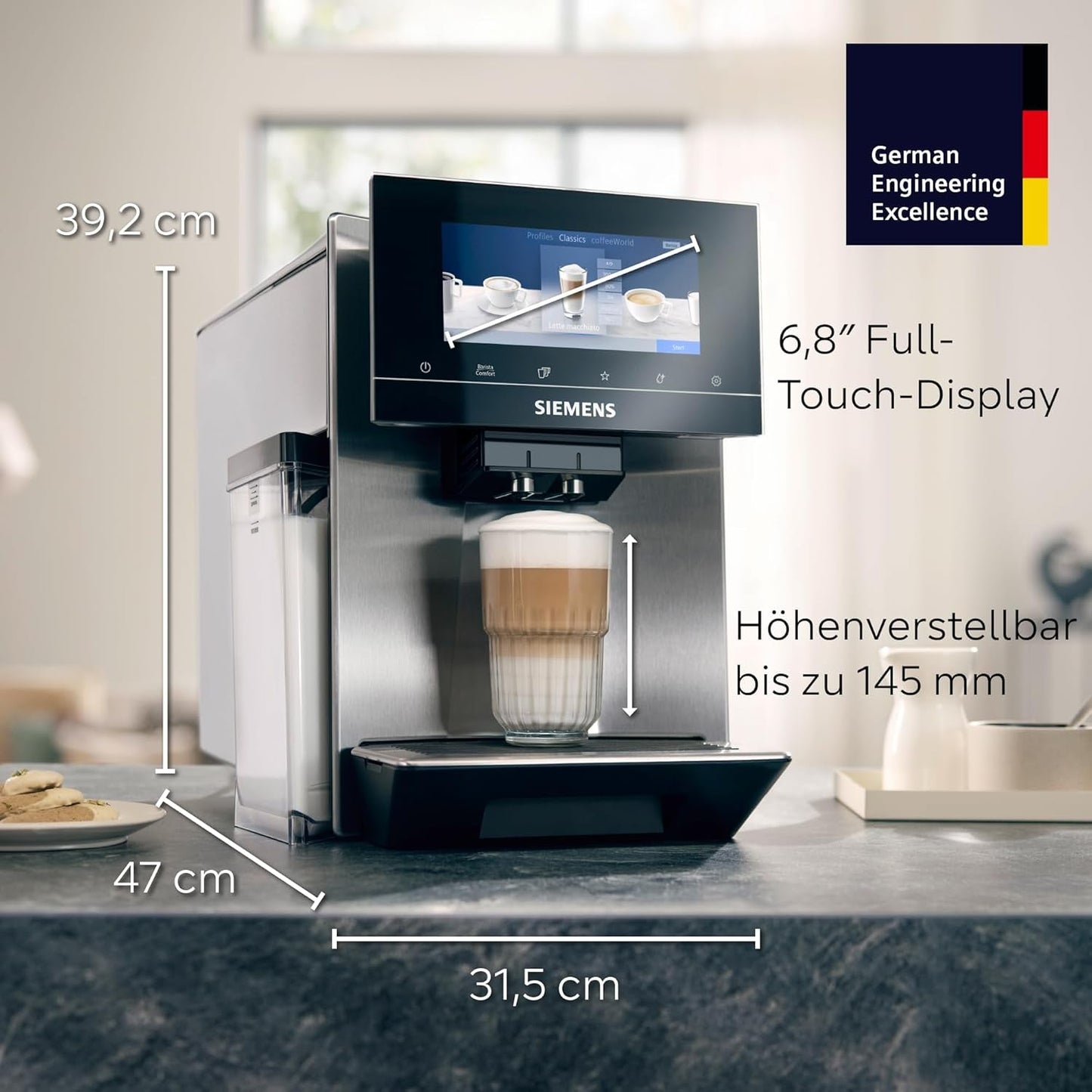Siemens EQ900 TQ903D03 Automatický kávovar na espresso, Ovládání aplikací, Intuitivní dotykový displej, Režim Barista, AromaBoost, Redukce hluku, Prémiový mlýnek, Automatické čištění párou, 1500 W, Nerezová ocel
