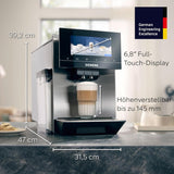 Siemens EQ900 TQ903D03 Automatický kávovar na espresso, Ovládání aplikací, Intuitivní dotykový displej, Režim Barista, AromaBoost, Redukce hluku, Prémiový mlýnek, Automatické čištění párou, 1500 W, Nerezová ocel