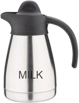 Olympia vakuový hrnek na mléko se šroubovacím uzávěrem, 500ml/17oz, nerezová ocel s černým víčkem, potisk mléka na boku, bufetové stanice na čaj a kávu, CL371