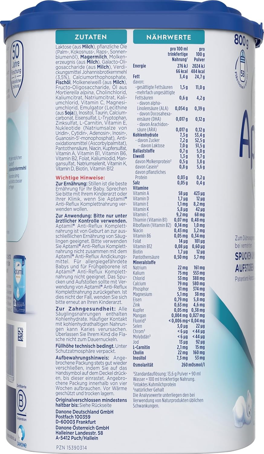 Aptamil Anti-Reflux - kompletní složení od narození Dietní opatření Zvracení a regurgitace dětská výživa sušené mléko 1 x 800 g