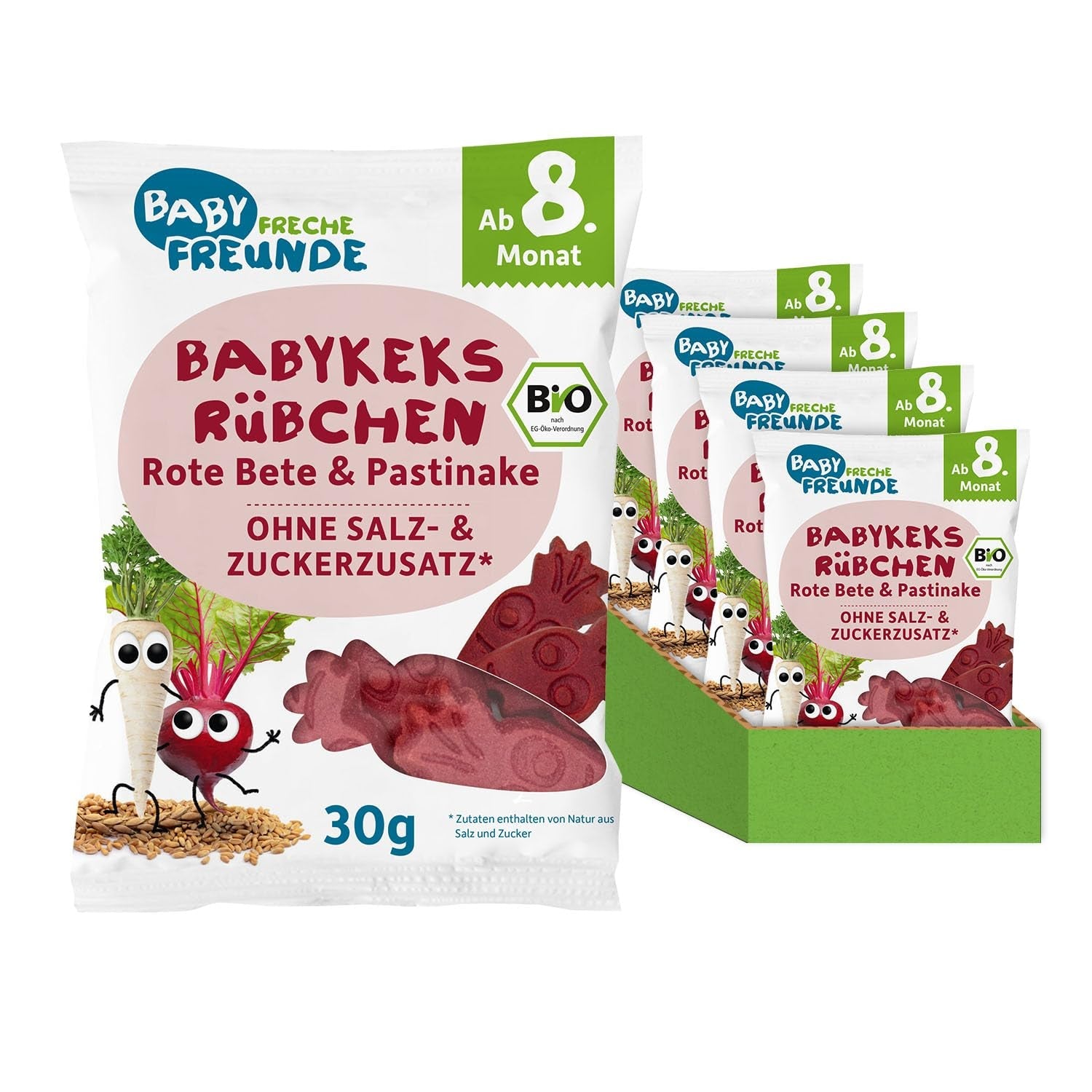 BABY FRECHE FREUNDE Bio dětské sušenky s červenou řepou a pastinákem, svačina pro děti od 8 měsíců, bez přidaného cukru, veganské, balení 8 ks (8 x 30 g)