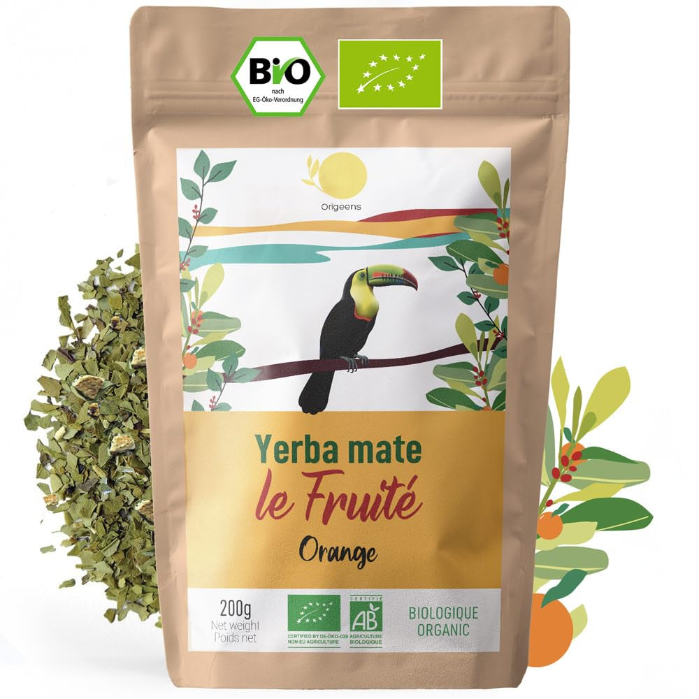 ORIGEENS BIO YERBA MATE s pomeranči 200 G - Ovocný čaj I Bio čaj Yerba Maté nepražený, bez stonků a prachu I Energizující a detoxikační nápoj