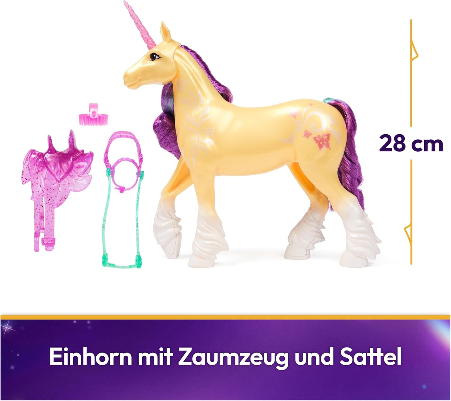 Unicorn Leaf Unicorn Academy - 28 cm vysoký originální jednorožec Ava ze série Netflix se skutečnou hřívou a ocasem, odnímatelnou uzdou a sedlem a kartáčem, pro děti od 4 let