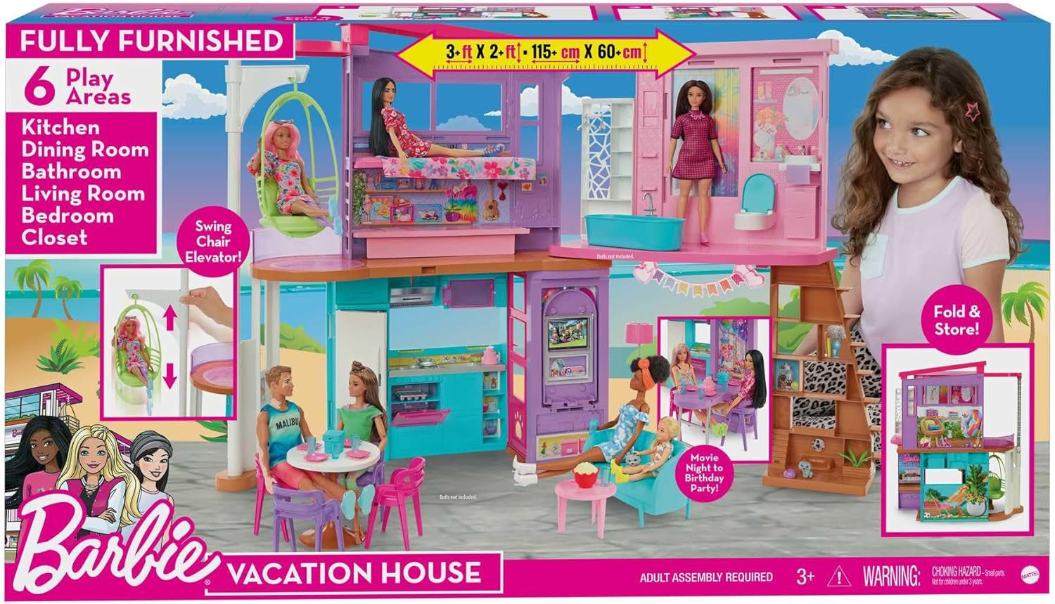 Prázdninový dům Barbie (116 x 77,9 cm), 6místný domeček na hraní, kompletně zařízený s příslušenstvím, nábytkem a výtahem, skládací a úložný, panenka, dárek pro děti od 3 let, HCD50