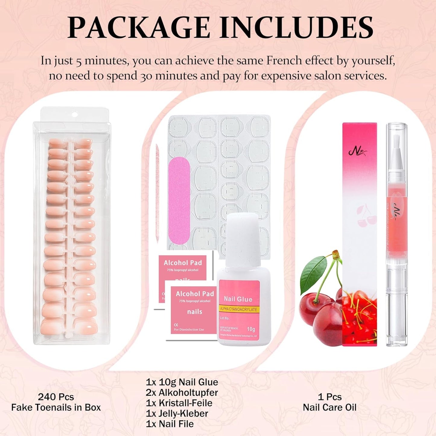 240ks Gradient Square Nails Set, Nude White Gradient Artificial Nails for Oil Pen Lepidlo, Medium Ombre Natural Falešné nehty pro ženy DIY (Nude Square)