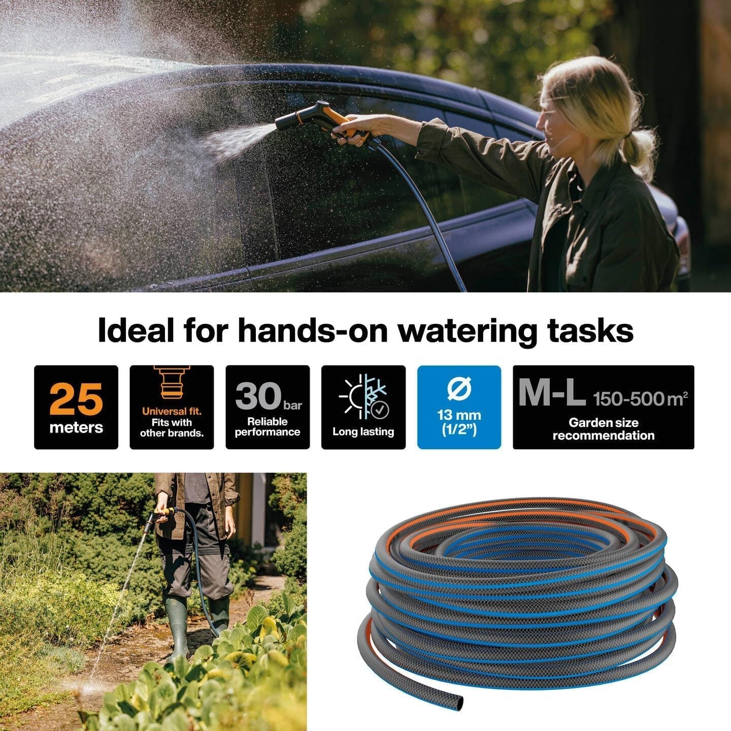 Fiskars ML zahradní hadice X Series ruční zavlažovací hadice 13 mm (1/2"), délka: 25 m, univerzální připojení, UV ochrana, ochrana proti mrazu, odolná proti zkroucení, modrá, 1076045