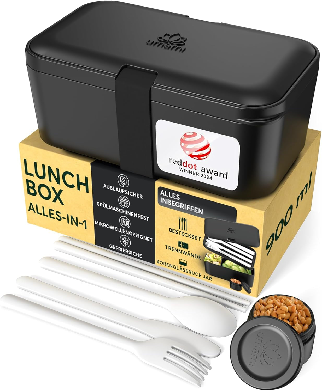 Box na oběd Umami pro dospělé, stohovací Bento Box se 4 příbory a přihrádkami, Box na oběd pro dospělé, Zásobník na salát, Piknikový / Kancelářský box na oběd, Uhlově šedá, 1500 ml Naty Shop Onyx Black Skladovací boxy na potraviny - 900 ml M - 900l