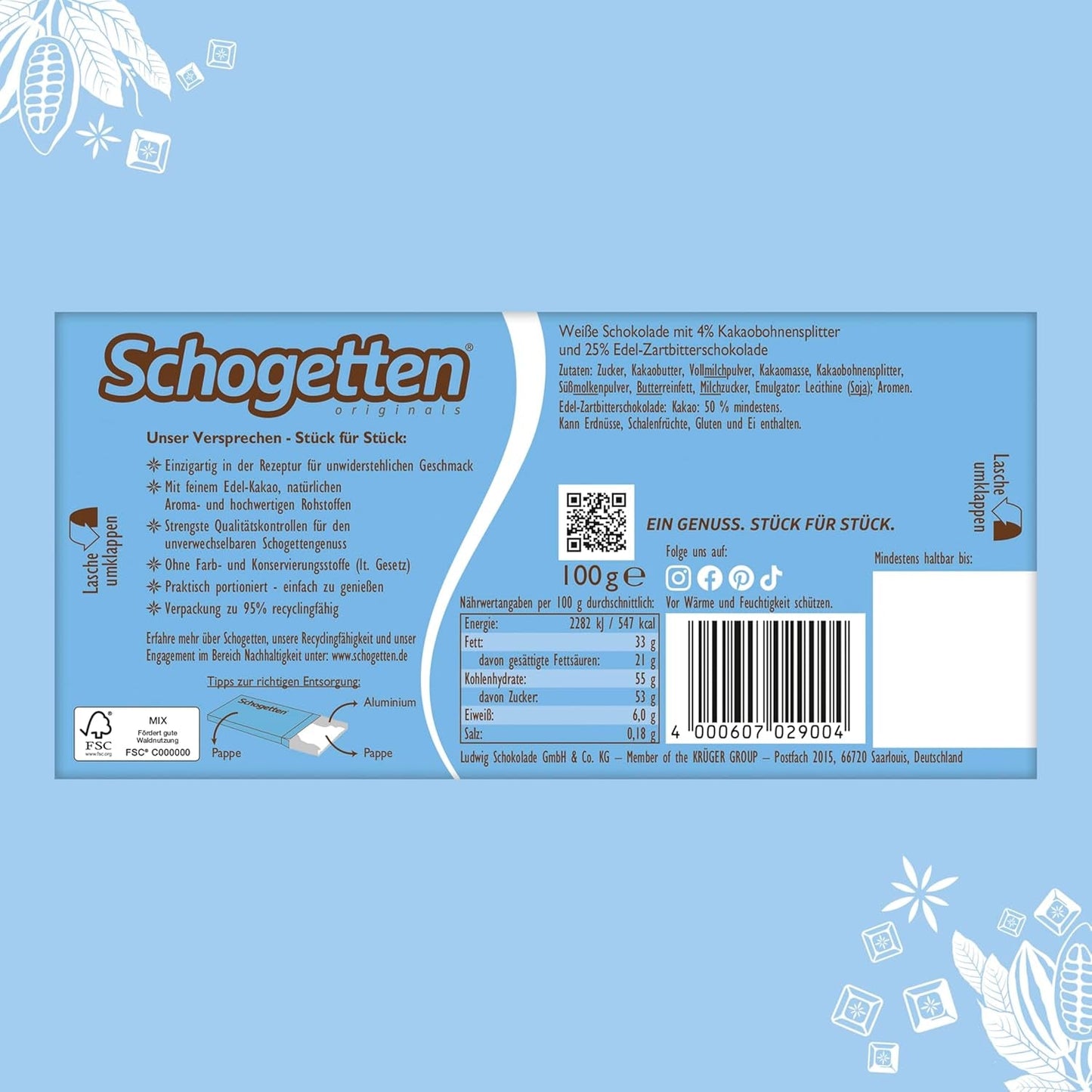 Čokoládová tyčinka Schogetten Stracciatella 100g, jednotlivě porcovaná. Potěšení. Kousek po kousku.