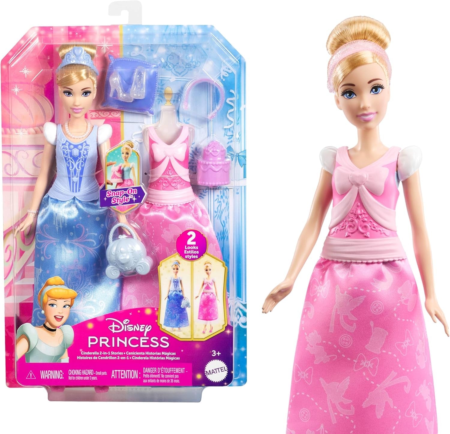 Módní panenka Mattel Disney Princess Toys Popelka se 2 oblečky, 9 doplňky, 2 topy se sponkami a 2 sukněmi. Příběhy 2 v 1 inspirované filmem Disney, JCR95