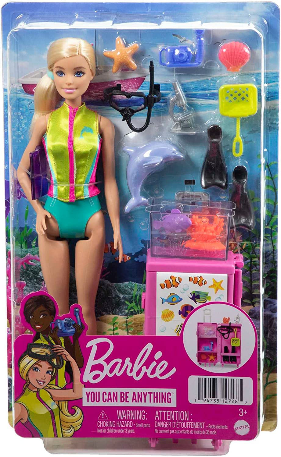 Série Barbie You Can Be Anything, Mořská bioložka, 1x panenka s blond vlasy, plavky, delfín, doplňky, dárek pro děti, hračka od 3 let, HMH26