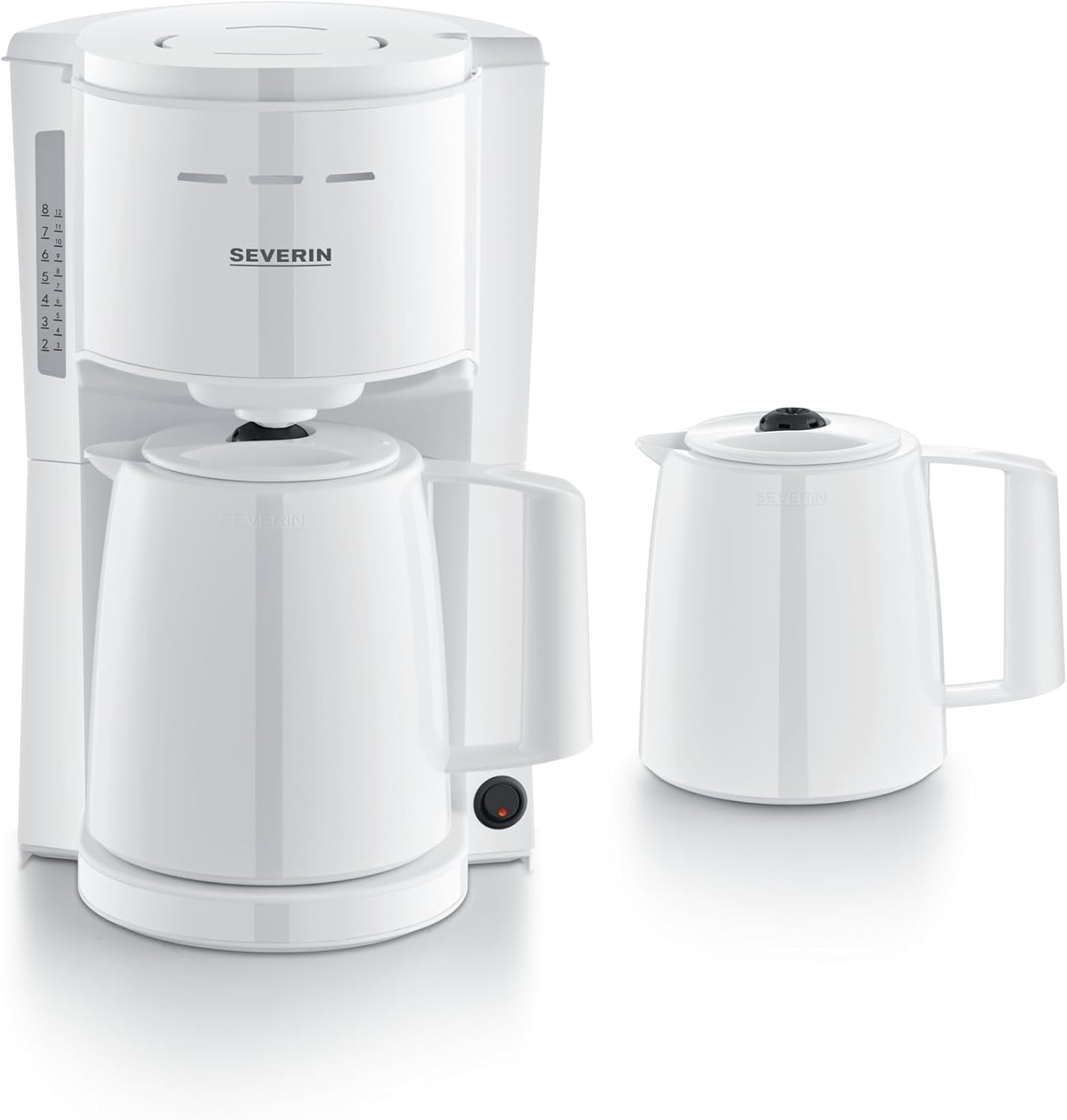 Espresso kávovar Severin s filtrem a 2 termo karafami, espressovač s víkem, nalévání bez kapání, dlouhé udržování teploty, automatické vypínání, 1000 W, cca. 1 litr, bílá, KA 9309