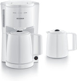 Espresso kávovar Severin s filtrem a 2 termo karafami, espressovač s víkem, nalévání bez kapání, dlouhé udržování teploty, automatické vypínání, 1000 W, cca. 1 litr, bílá, KA 9309