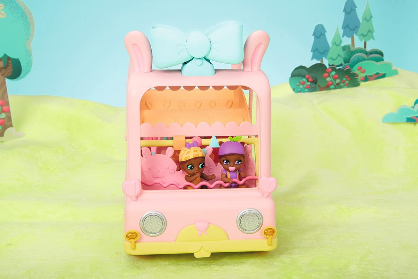 BABY born 904763 Baby Surprise Bus - růžový miniautobus pro panenky se 2 exkluzivními panenkami, trojitým kočárkem, houpačkou, kolotočem, skluzavkou a trojhoupačkou.