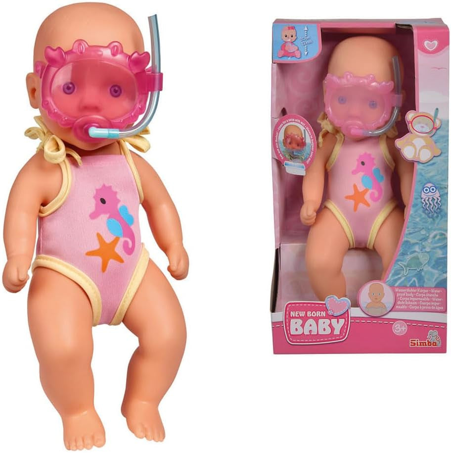 Simba 105030172 - New Born Baby koupací panenka, vinylová panenka v plavkách s plaveckými brýlemi, 30 cm, panenka, věk 3+ panenky Naty Shop