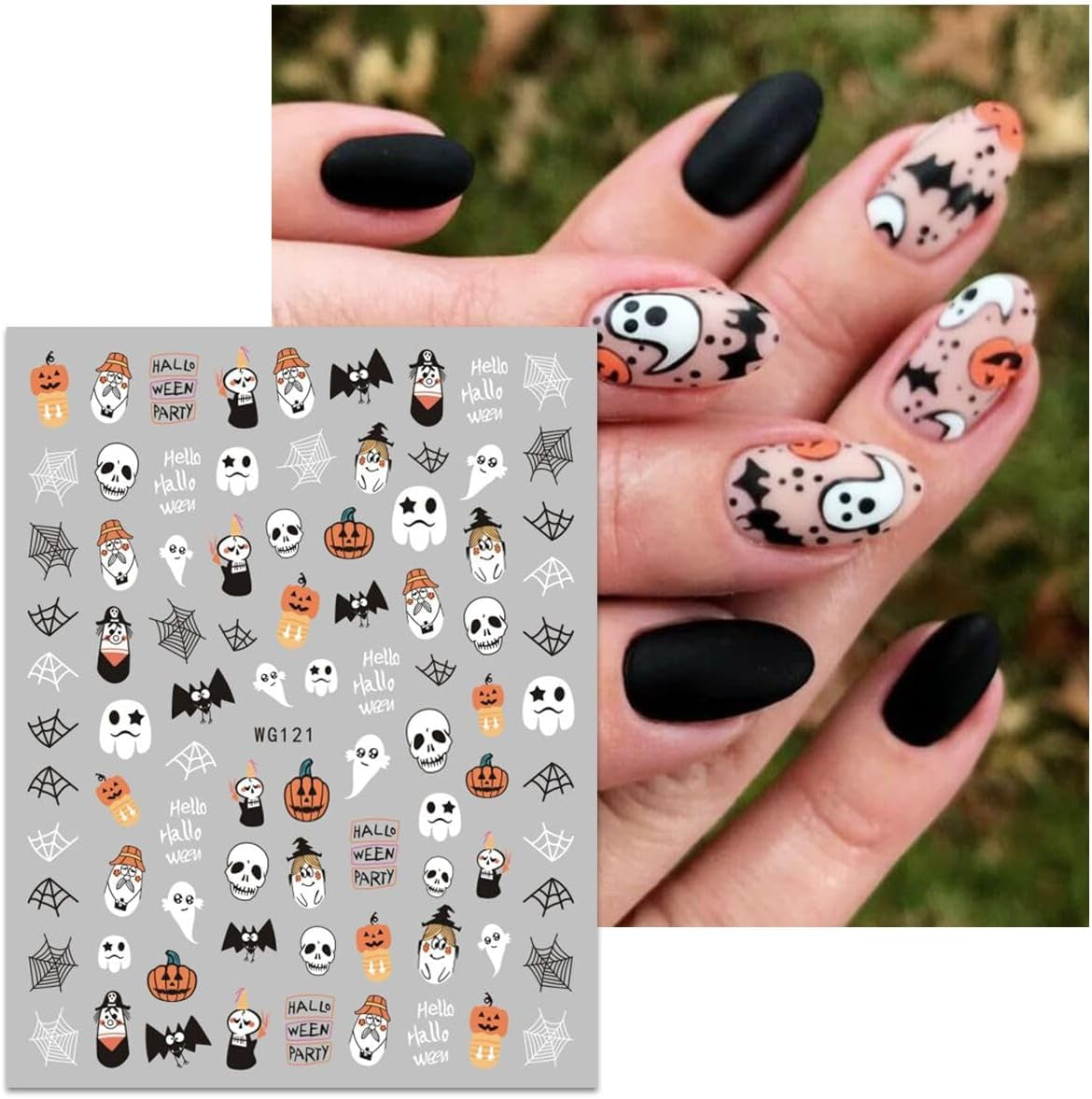 JMEOWIO Nálepka na nehty Halloween 8 Blatt Nálepka na nehty Selbstklebend Nagelaufkleber Totenkopf Horror Geist Hexe Spinnennetz Fledermaus Kürbis Spukdekoration Nageldesign Zubehör