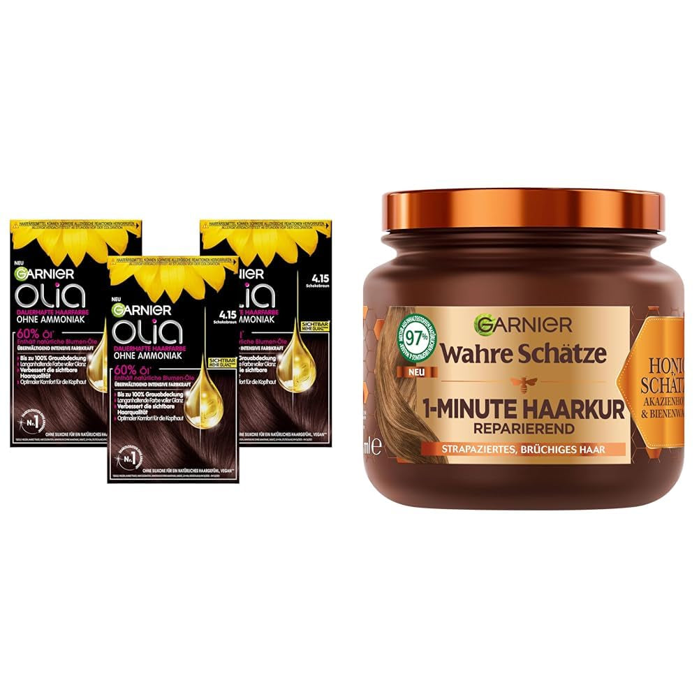Garnier Olia Hair Color 6.0 Light Brown + True Treasures Repair Treatment (340 ml) pro poškozené vlasy - barvení bez amoniaku, přírodní oleje, krytí šedých vlasů, med a včelí vosk, menší lámavost vlasů Naty Shop Hair Color 3X Hair Color + Repair Treatment