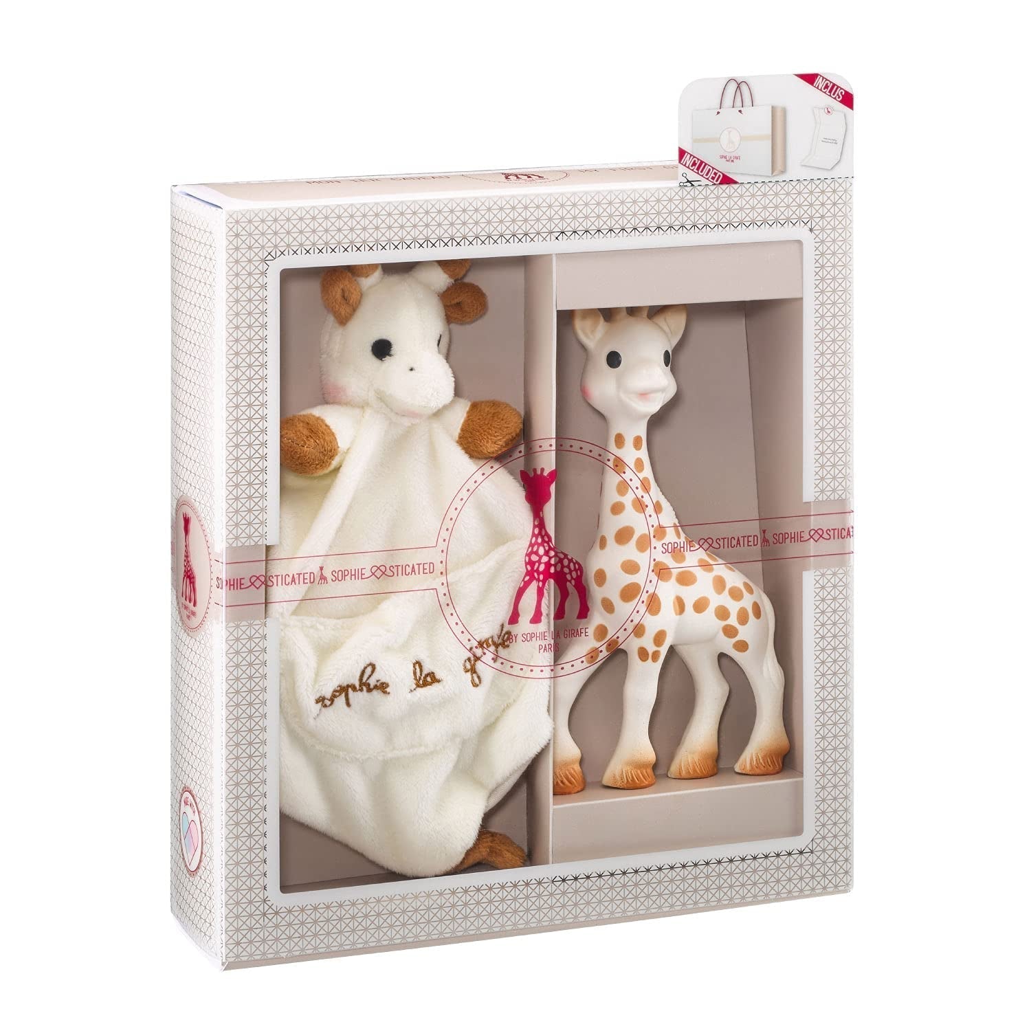 Narozeninová dárková sada žirafy Sophie Sophiesticated Pouet 00012 Jucarii Bebe Naty Shop Jednobarevná kousací hračka a plyšová hračka pro miminko Sophie La Girafe