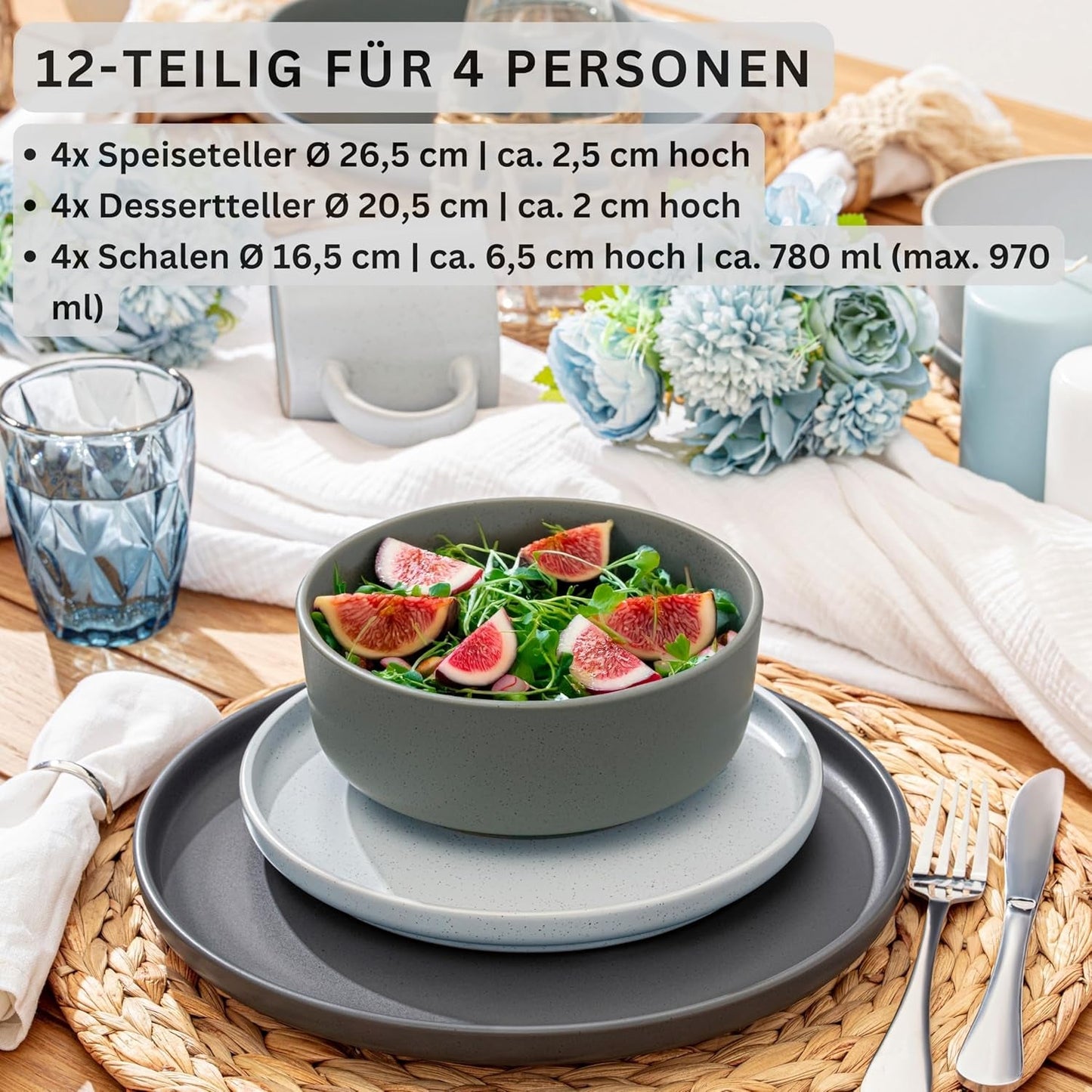 SÄNGER Leeds | 12dílná sada kameninového nádobí Sada talířů pro 4 osoby (4 talíře, 4 dezertní talíře, 4 misky), barevné nádobí odolné proti poškrábání | SBÍRKA HODNOT