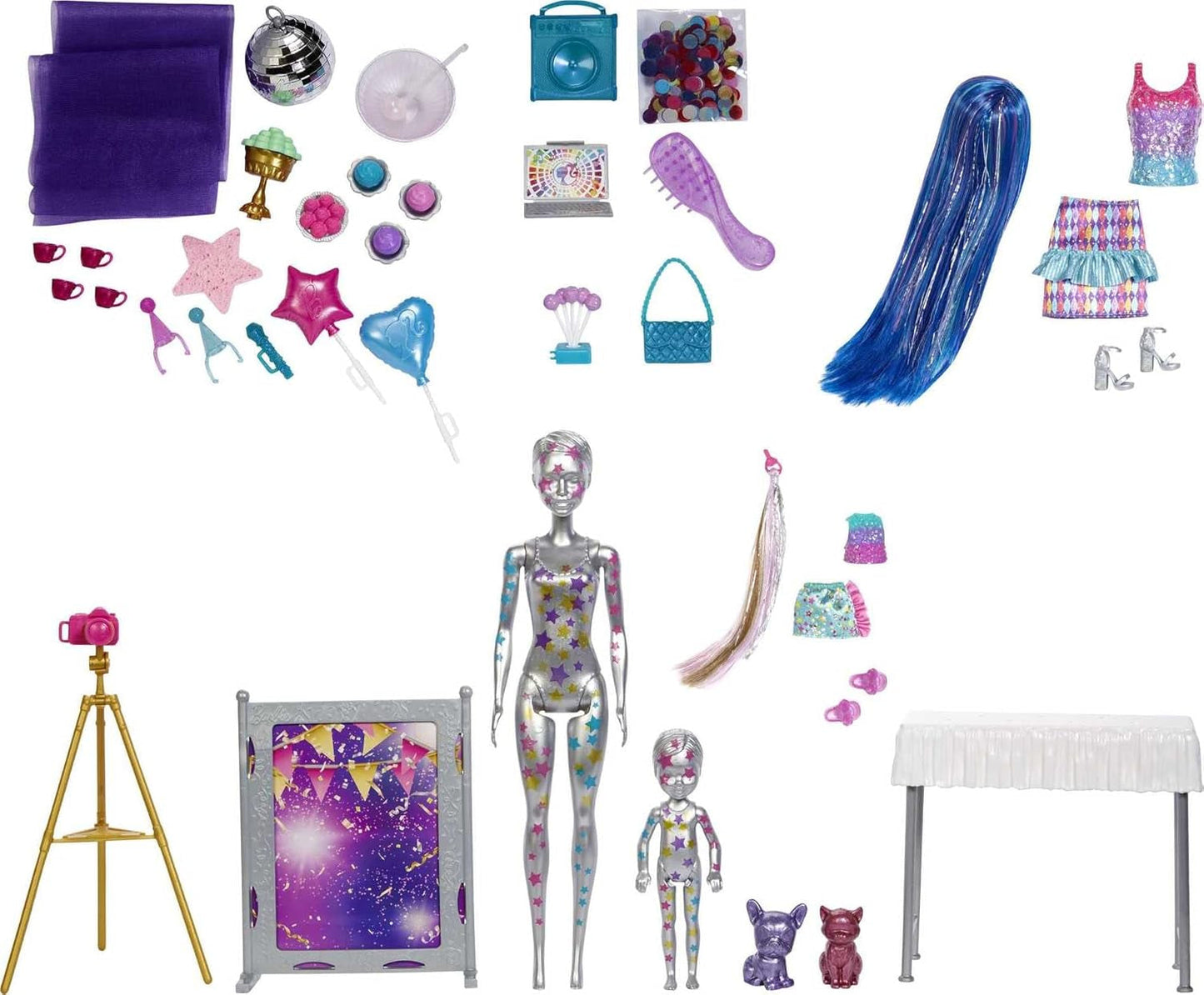 Barbie GXJ88 - Color Reveal Surprise Party, +50 překvapení: 1 panenka, 1 panenka Chelsea, 2 zvířátka, 6 barevných změn, doplňky a další, sada na taneční párty, dárek pro děti od 3 let