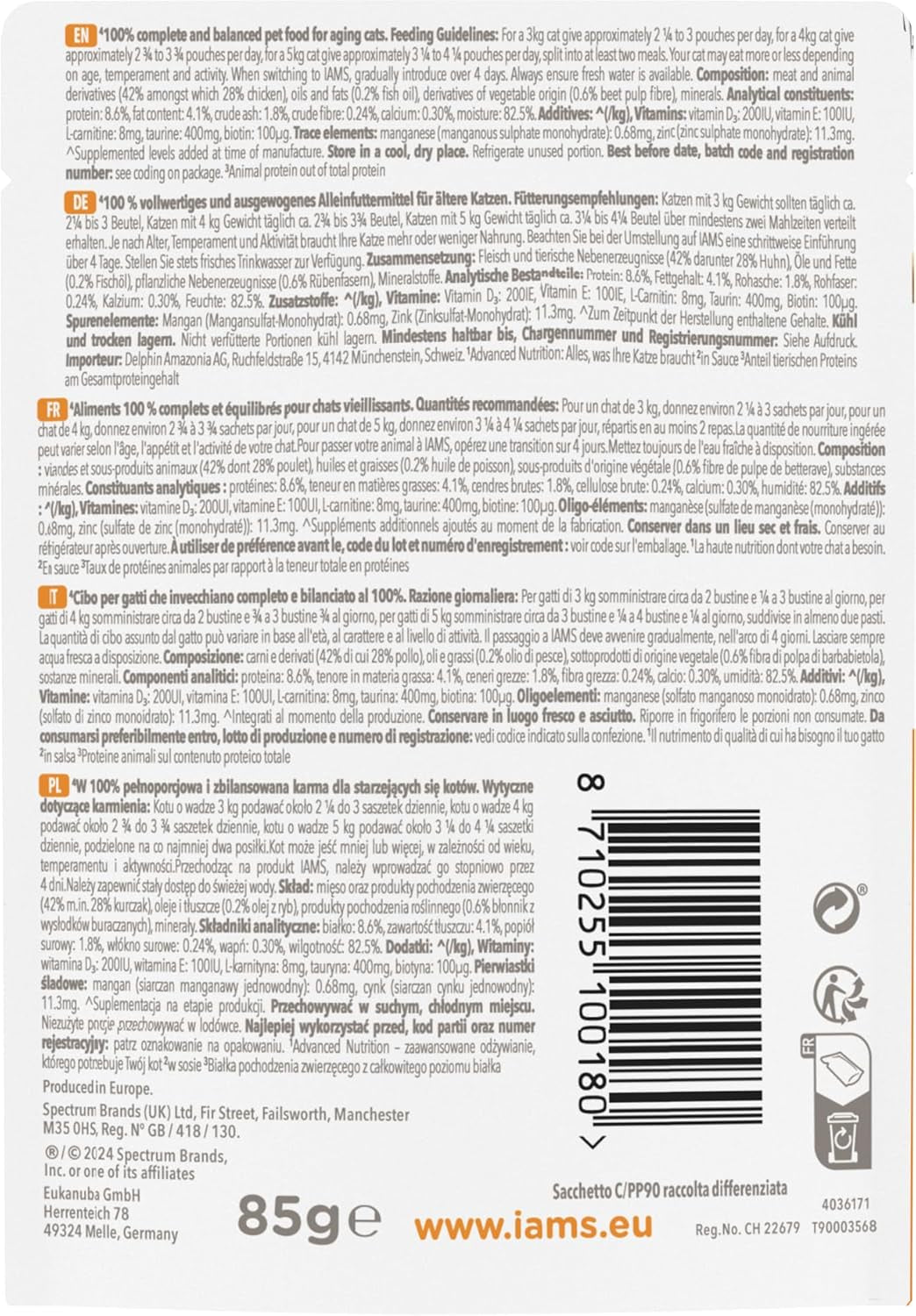 IAMS Delights Mokré krmivo pro kočky s kuřecím masem v omáčce pro starší kočky od 7 let – zkušební velikost, samostatný sáček, 1 x 85 g