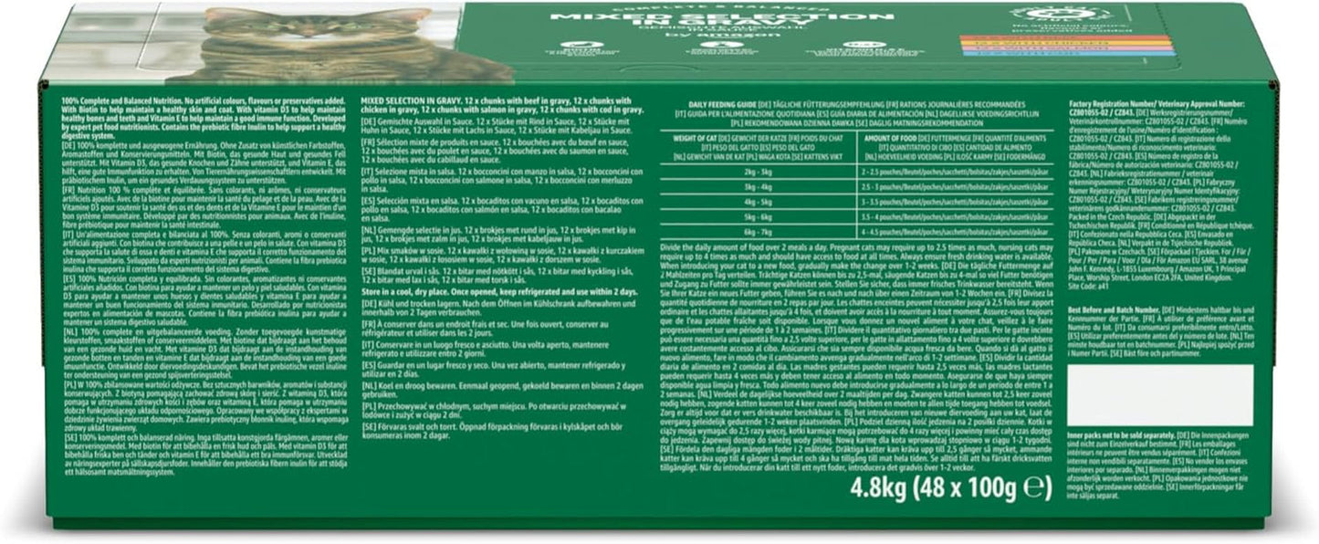 Amazon's Mokré krmivo pro dospělé kočky Smíšený výběr v omáčce 4,8 kg (48 balení x 100 g)