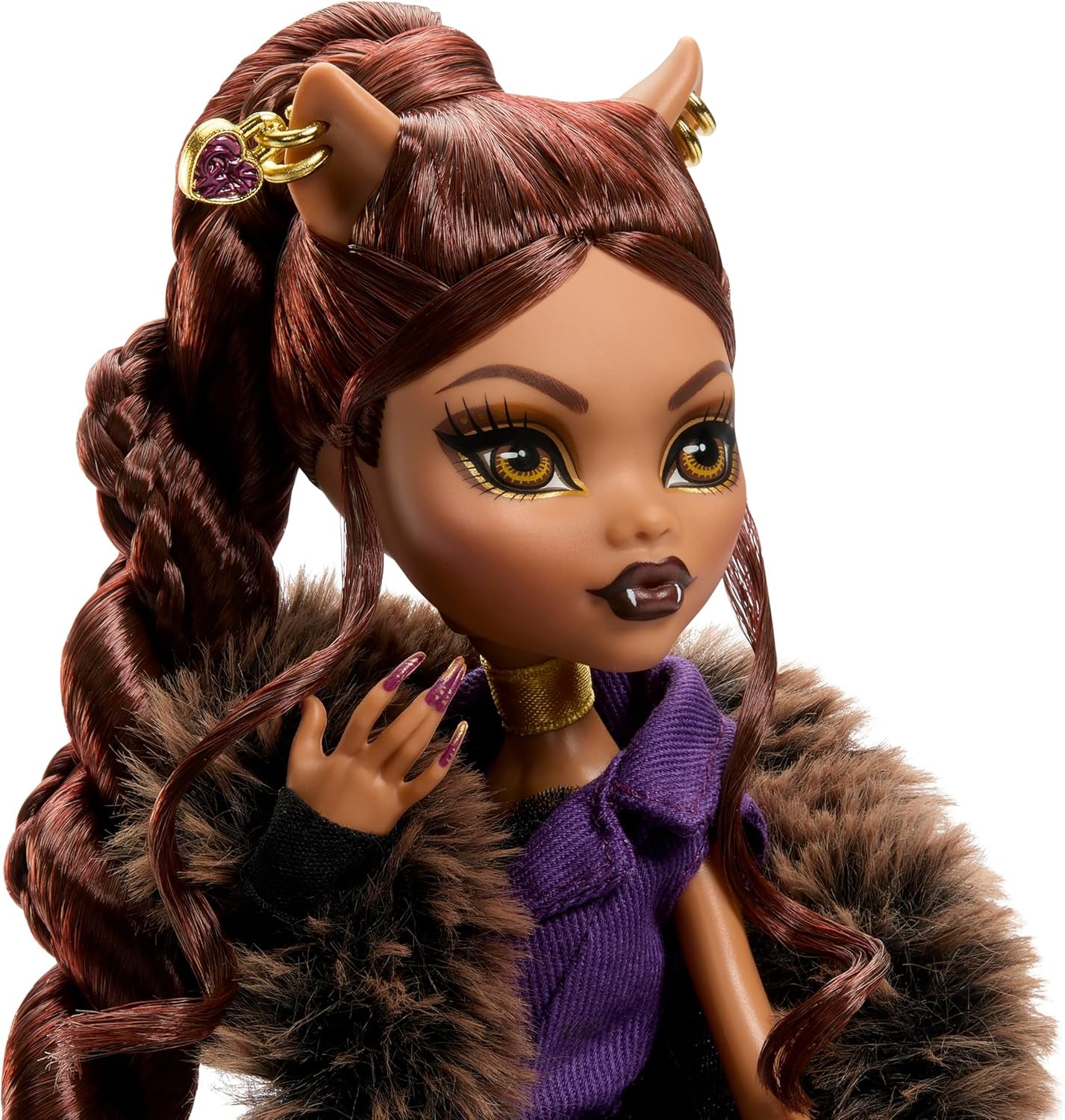 Panenka Monster High Dům vlků Clawdeen Wolf Sběratelská figurka s umělou kožešinou Žakárový kabát Purpurová bunda Šaty Zlaté Kalhoty a doplňky JDR66