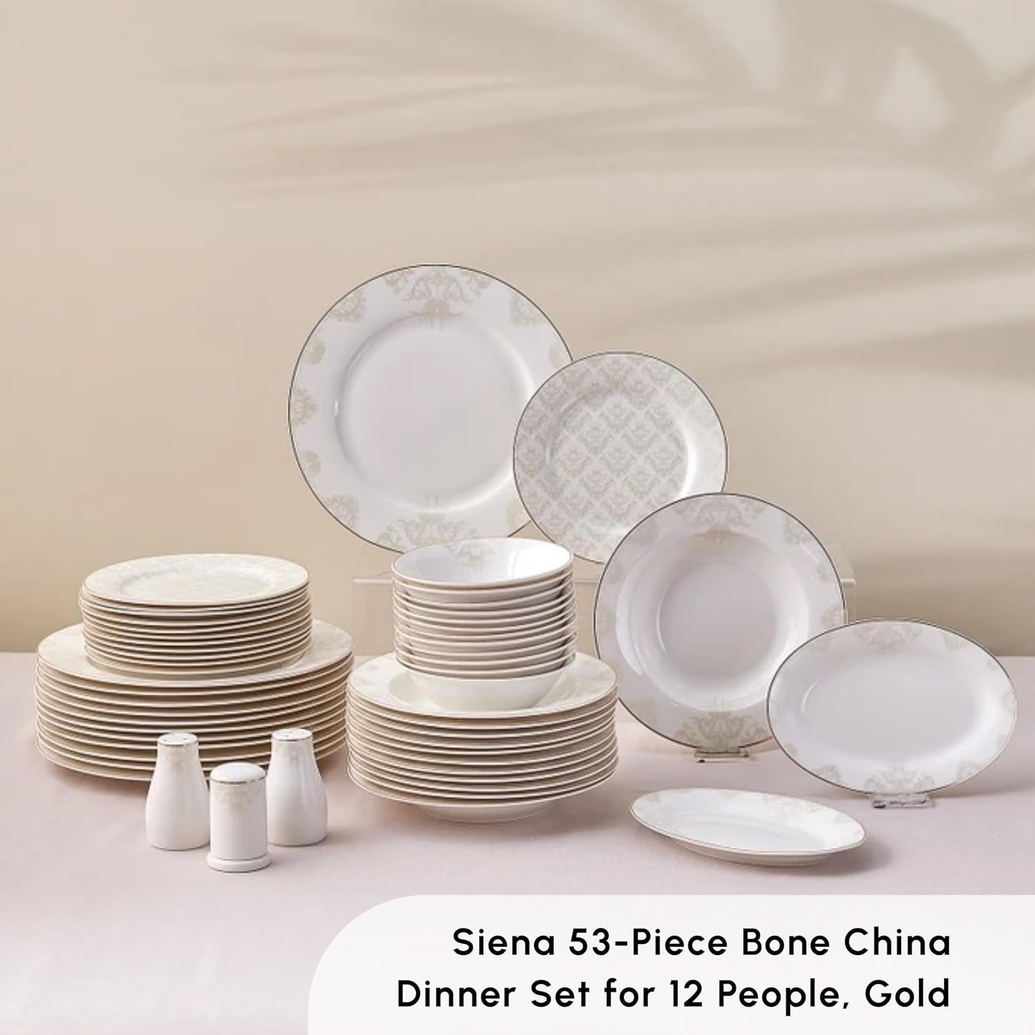 Sada nádobí Karaca Elegance Bone Siena pro 12, sada moderního porcelánového nádobí, sada nádobí s polévkovými miskami, servírovací talíř, hluboké talíře, dezertní talíře – bílé a zlaté