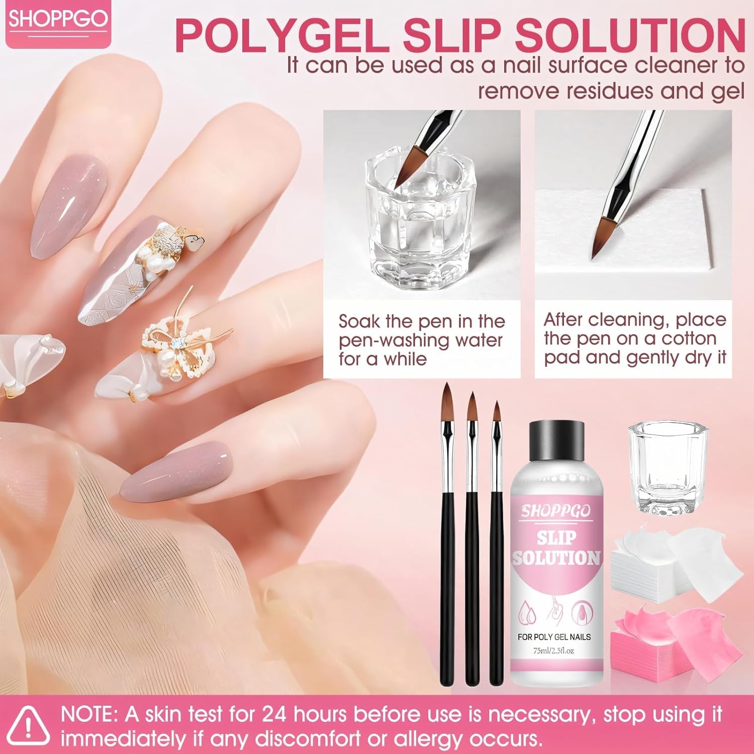 Polygelový roztok na rovnání nehtů, sada na nehty Polygel Slip Solution, roztok na rovnání nehtů 75 ml, obsahuje 5 klipů na nehty, 3 kartáčky na nehty, 1 křišťálový kelímek, 100 čisticích listů
