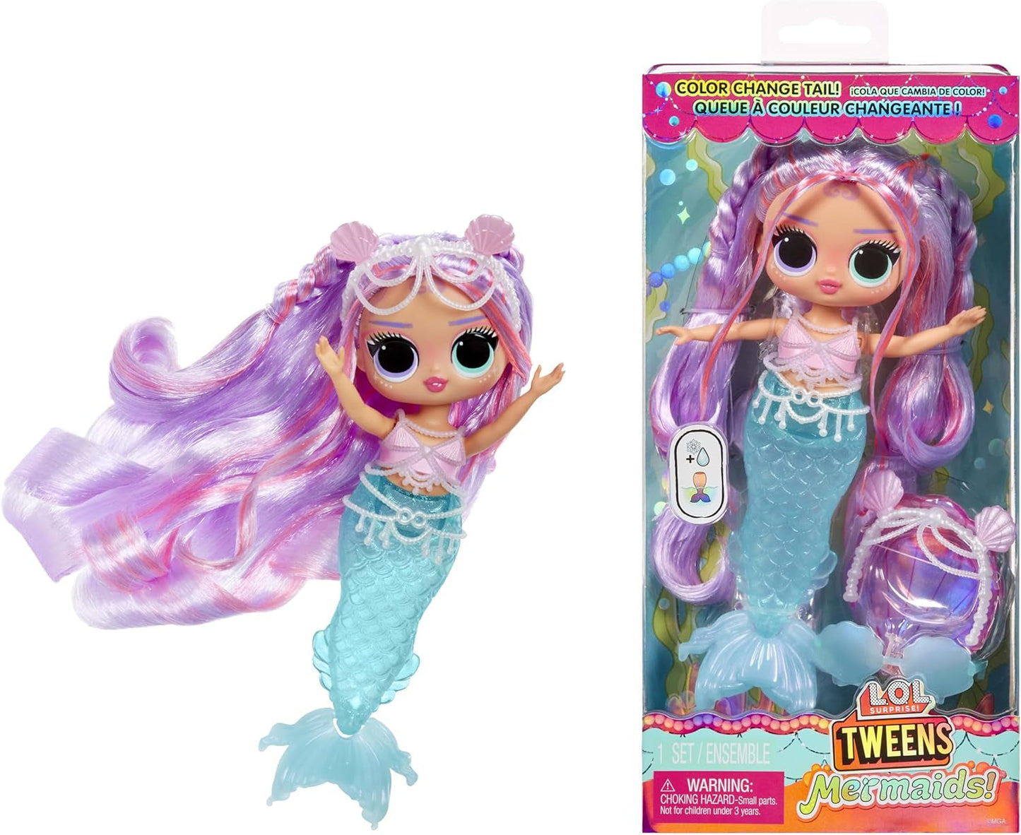 L.O.L. Překvapení! Tweens - Mermaid Lola Waves - módní panenka s ocasem měnícím barvu, pohyblivou ploutví a krásnými doplňky - hračka pro děti a sběratele od 4 let Naty Shop Dolls Lana Marine