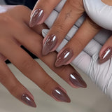 Samolepící chromové nehty - středně mandlově hnědé Glitter lepidlo na nehty Glitter Falešné nehty Lepidlo na umělé nehty Glazované akrylové nehty pro ženy 24ks