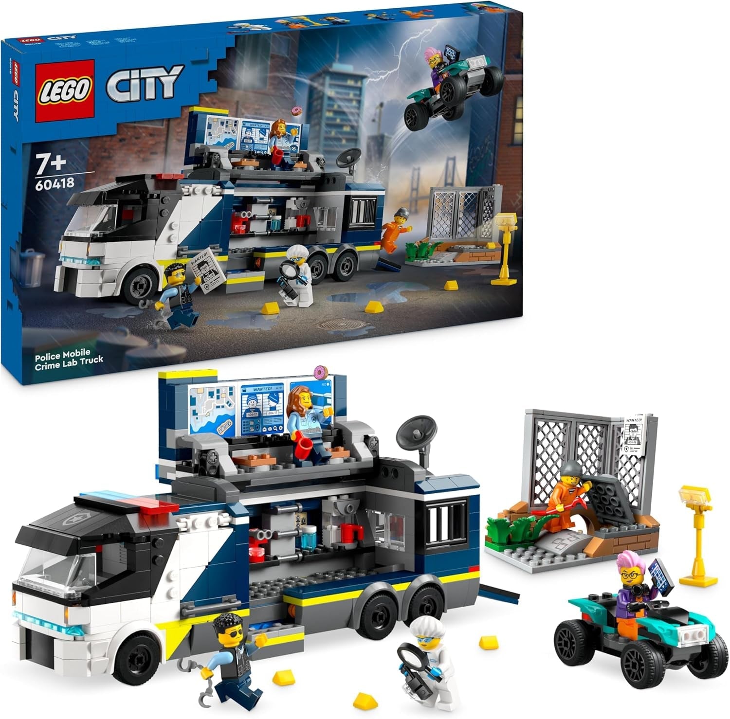 Policejní náklaďák LEGO City s laboratoří, policejní čtyřkolkou a náklaďákem pro děti, dárek pro chlapce a dívky 7+, navíc 5 minifigurek – 2 policisté, 1 vědec a 2 podvodníci 60418 Stavebnice Beuche den LEGO-Store Single
