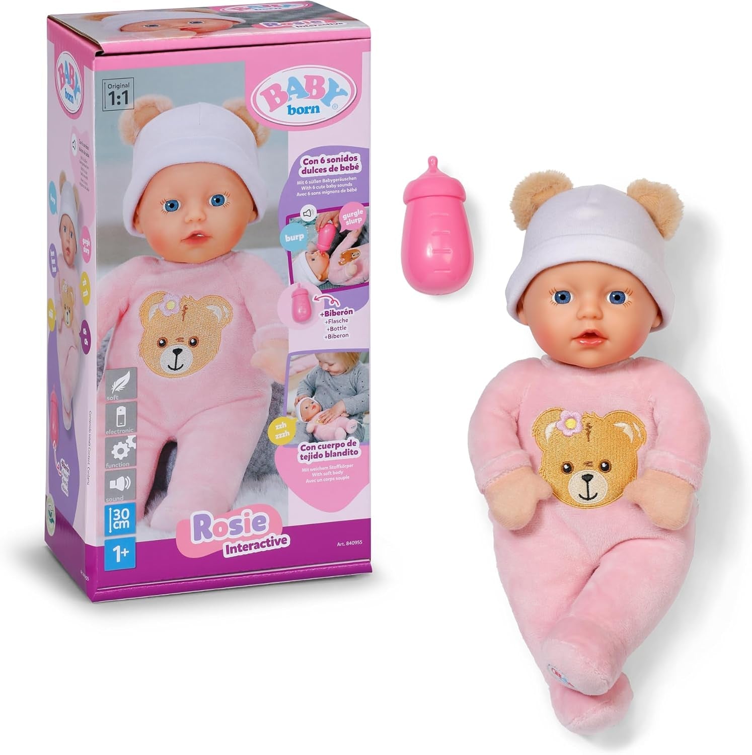 Baby Born Rosie měkká panenka 30 cm se 6 zvuky a lahvičkou, růžová