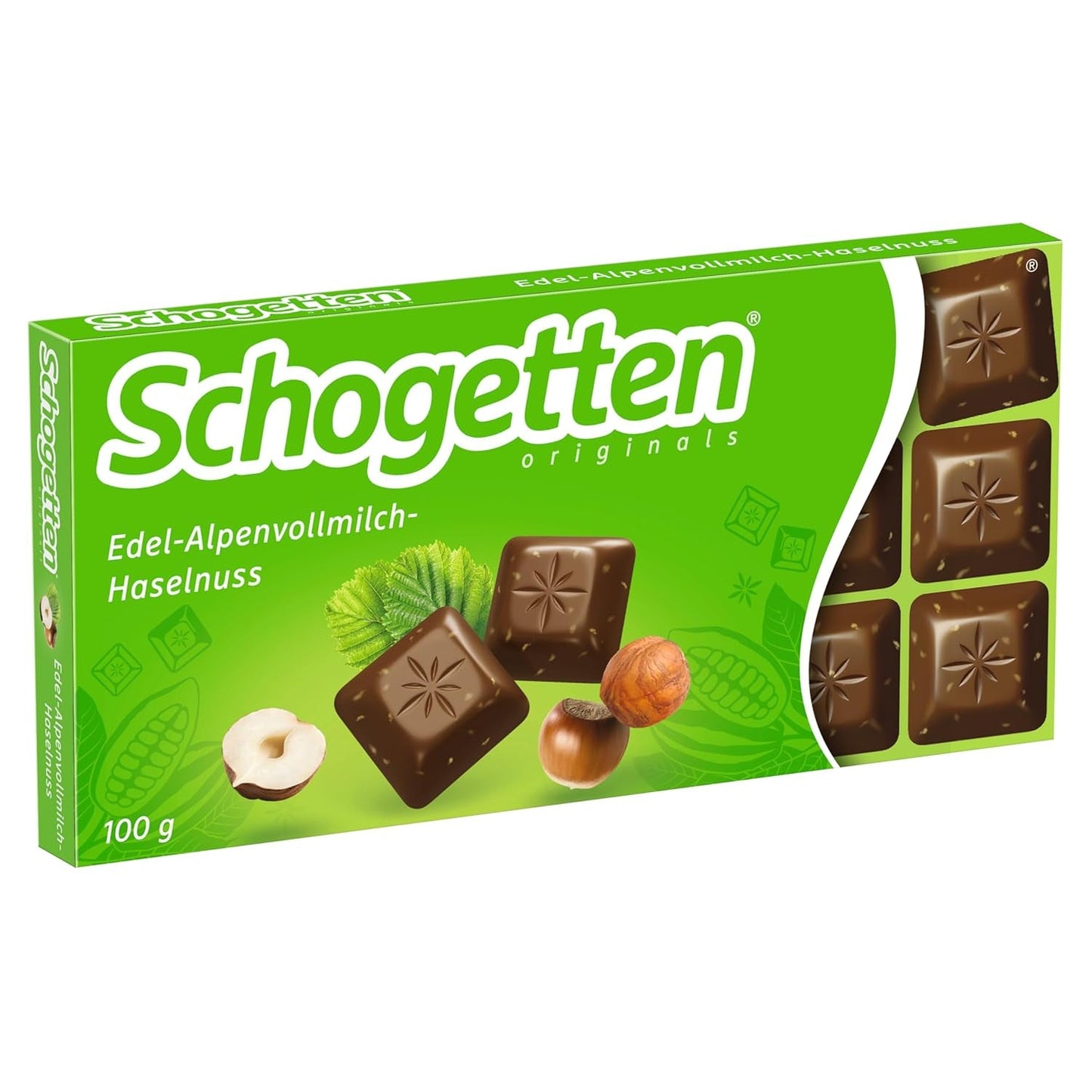 Schogetten Premium alpská mléčná čokoláda s lískovými oříšky, 100g čokoládová tyčinka, jednotlivě porcovaná. Potěšení. Kousek po kousku.