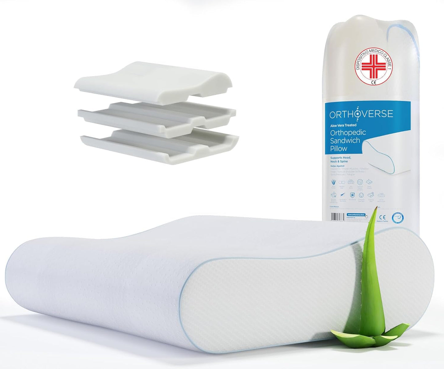 Ortopedický polštář ORTHOVERSE - polštář na podporu krku, polštář na spaní, polštář, polštář z paměťové pěny, polštář, polštář proti bolesti krku - výškově nastavitelný, potah z aloe vera, zdravotní pomůcka Krční ortopedické polštáře Naty Shop 1