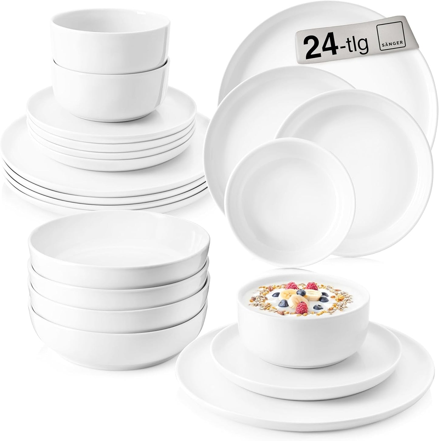 SANGER | Sada bílého nádobí Marlo 24dílná sada nádobí pro 6 s dezertními talíři, talíři, mísami a misky na cereálie Porcelánová sada talířů nádobí Moderní design PREMIUM KOLEKCE