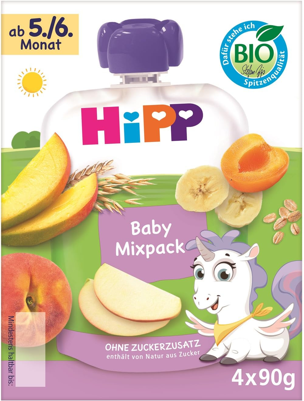 Bio ždímací kapsičky HiPP, smíšené balení, 16 kusů (4 balení po 4 x 90 g), pro děti 5/6 měsíců, čtyři lahodné příchutě, bez přidaného cukru, nejlepší bio kvalita