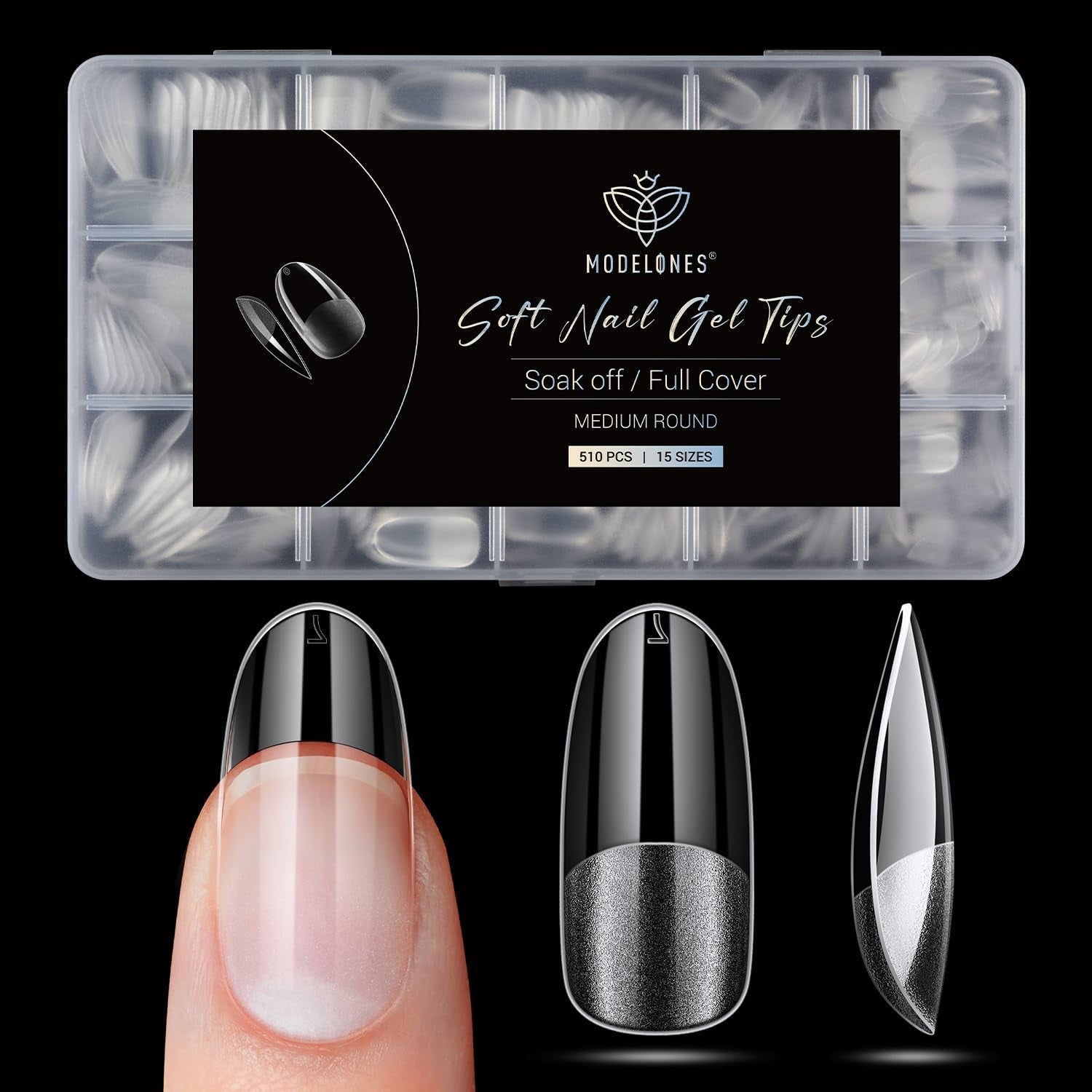 Modelones Nail Tips 510 kusů – sada nehtových špiček s úplným krytem, ​​sada gelových špiček, předleštění špiček na nehty s PMMA pryskyřicí, umělé nehty pro lepení nail art DIY, krátký squoval