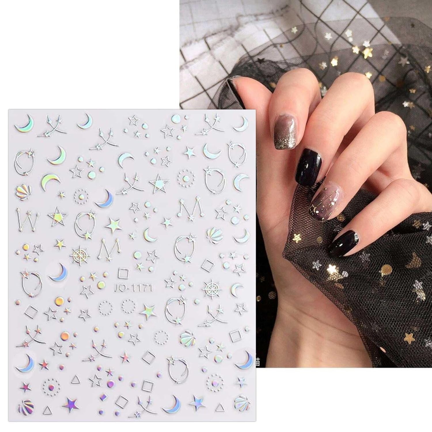 JMEOWIO Nálepka na nehty Aurora Holografisch 9 Blatt Nagelaufkleber Selbstklebend Herz-Flamme Spielt Schmetterlings-Mond Die Hauptrolle Nálepka na nehty Dekoration Nageldesign Zubehör