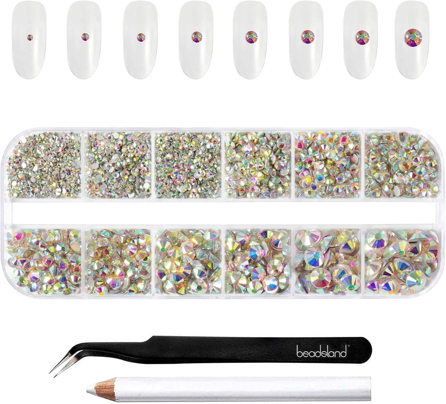 Beadsland 2500 ks Glas Nailart Strasssteine ​​​​Kristall Flatback Edelsteine ​​Runde, ​​Für Handwerk Gemischt 8 Größen SS4 ~ SS30 Mit Picking Pinzette Und Stift (Kristall Weiss)