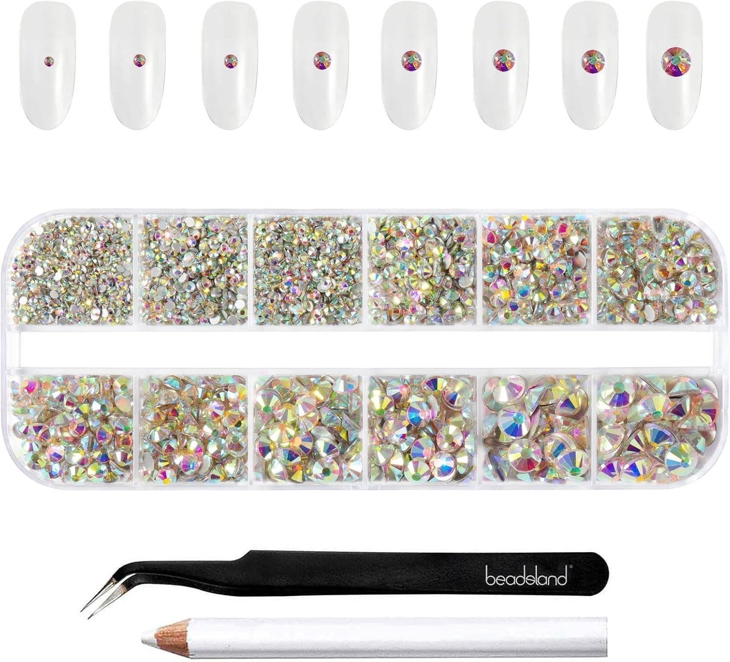 Beadsland 2500 ks Glas Nailart Strasssteine ​​​​Kristall Flatback Edelsteine ​​Runde, ​​Für Handwerk Gemischt 8 Größen SS4 ~ SS30 Mit Picking Pinzette Und Stift (Kristall Weiss)