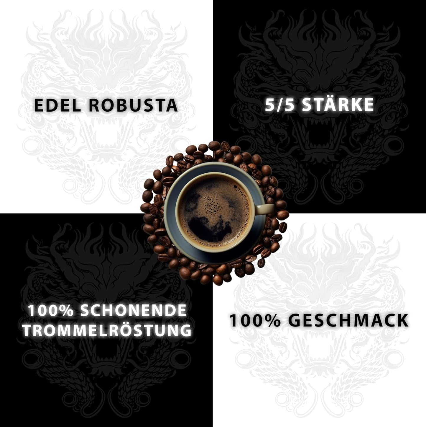 Black Dragon Espresso 100% Robusta - Extra silná pražená kávová zrna - Velmi silná a plná káva s vysokým obsahem kofeinu - Velmi silné espresso