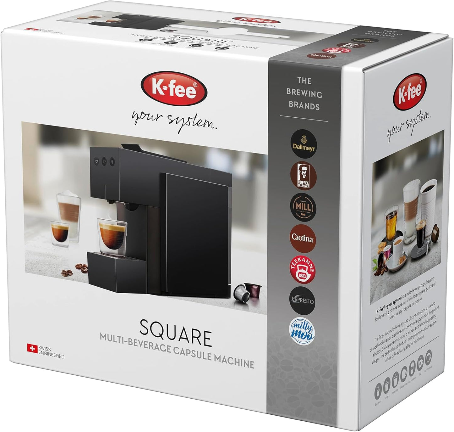 Espresso kávovar s kapslemi K-FEE SQUARE na kávu, čaj a kakao | Kompaktní espresso | Rychlý ohřev | Nádrž na vodu 0,8 l | 19 barů | Klavírní černá