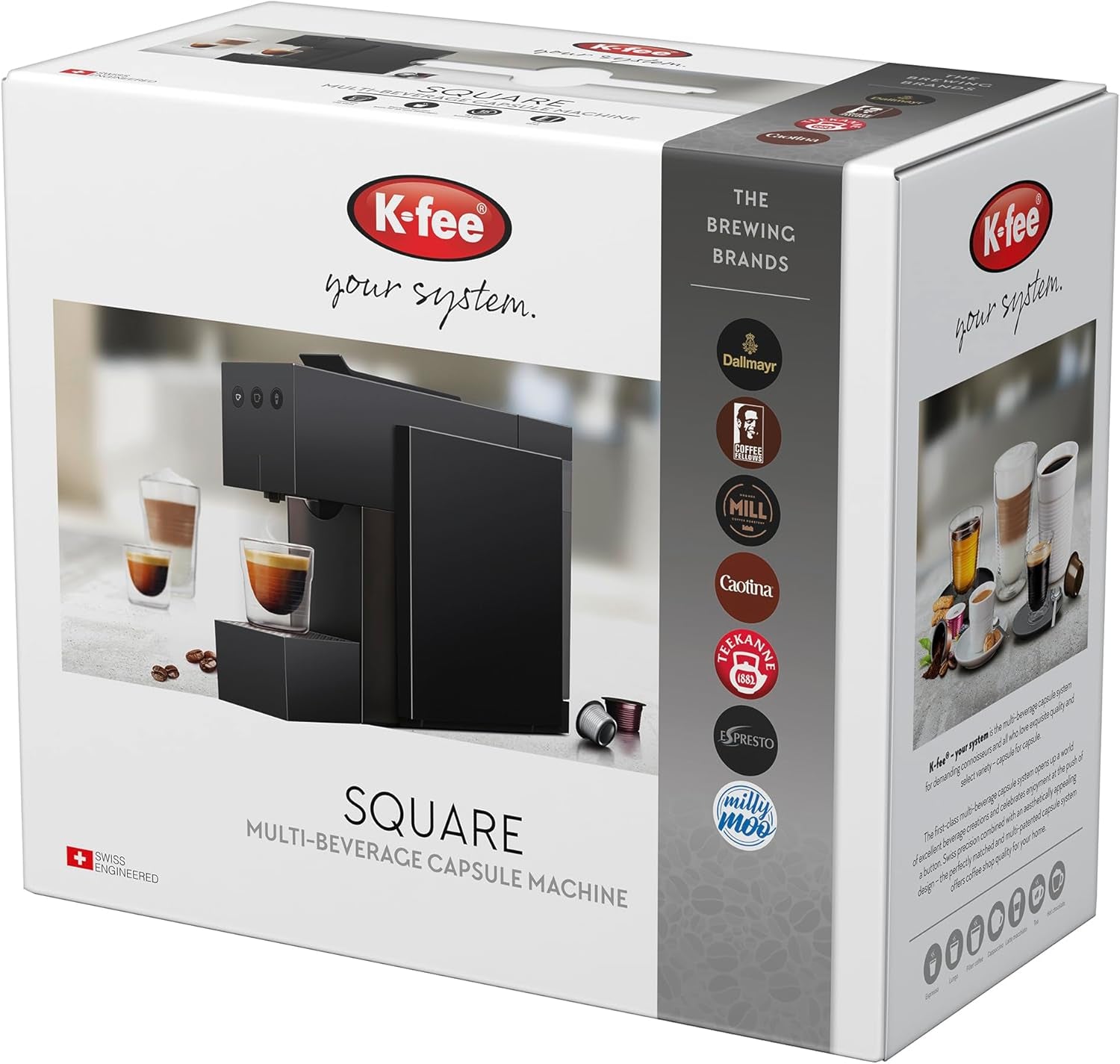 Espresso kávovar s kapslemi K-FEE SQUARE na kávu, čaj a kakao | Kompaktní espresso | Rychlý ohřev | Nádrž na vodu 0,8 l | 19 barů | Klavírní černá