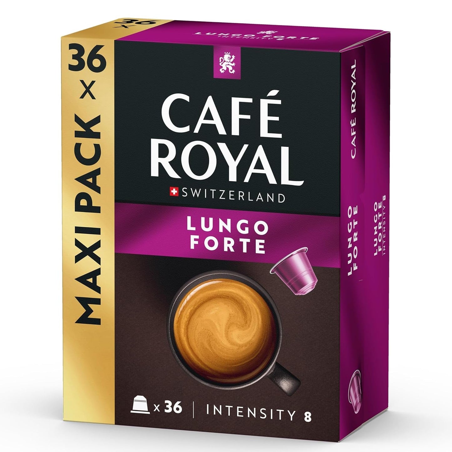 Café Royal Lungo Forte – kávové kapsle kompatibilní s Nespresso®, 100% Arabica, würzig, dunkle Röstung, Intensität 8/12, Rainforest Alliance, 36 kapslí