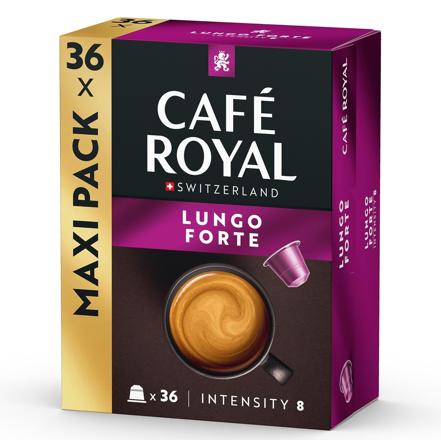 Café Royal Lungo Forte – kávové kapsle kompatibilní s Nespresso®, 100% Arabica, würzig, dunkle Röstung, Intensität 8/12, Rainforest Alliance, 36 kapslí