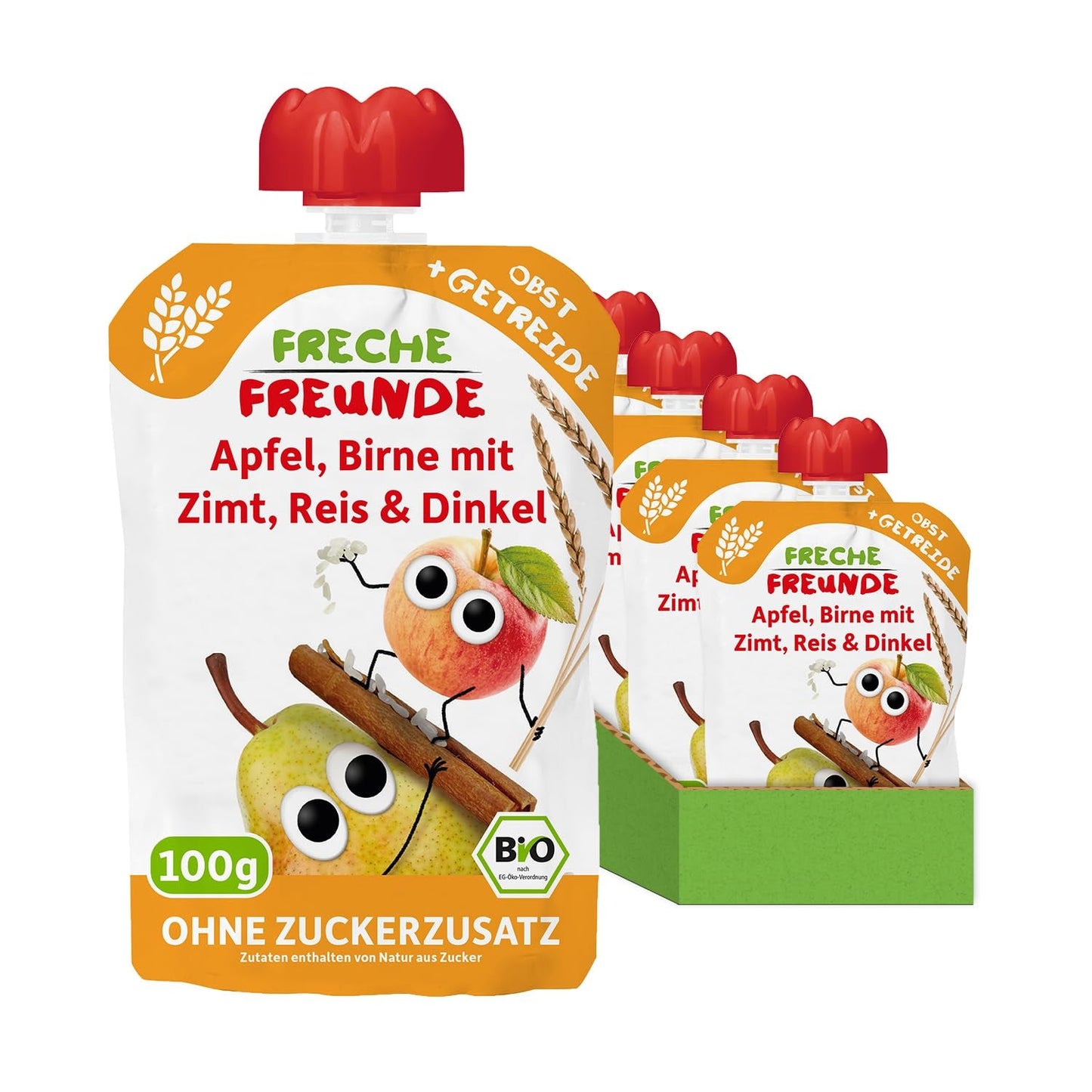 FRECHE FREUNDE Bio vymačkatelné ovocné sáčky Jablko Skořice Hruška Rýže Špaldová ovocná kaše s cereáliemi pro děti 6 měsíců+ Vegan 6 balení (6 x 100 g)