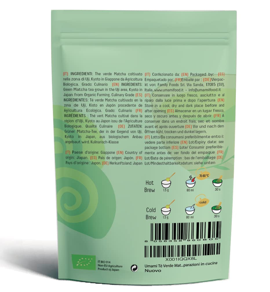 Umami Bio Matcha prášek ze zeleného čaje – kulinářské kvality, pěstovaný v Uji, Kyoto (Japonsko) z ekologického zemědělství. Vynikající k pití nebo k vaření v kuchyni 100 g...