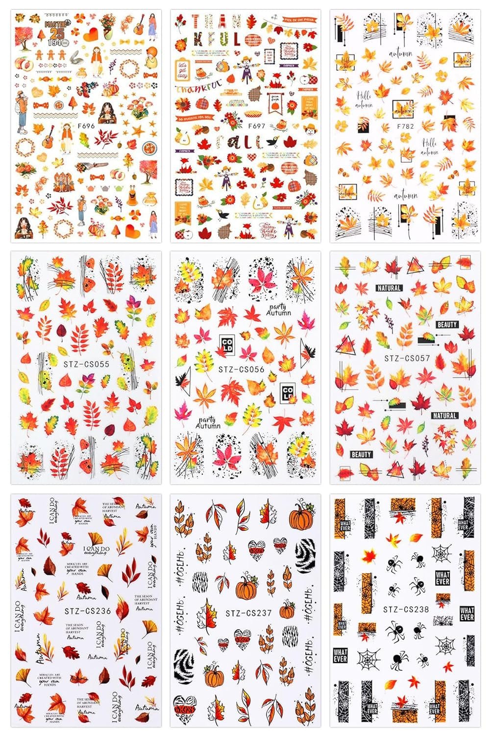 JMEOWIO Nálepka na nehty Herbst 9 Blatt Nálepka na nehty Selbstklebend Nagelaufkleber Kürbis Ahornblatt Erntedankfest Dekoration Nageldesign Zubehör